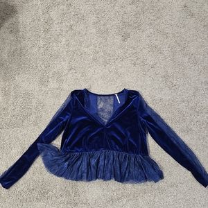 Free People NWT Blue Velvet Lace Panel Long Sleeve Shirt